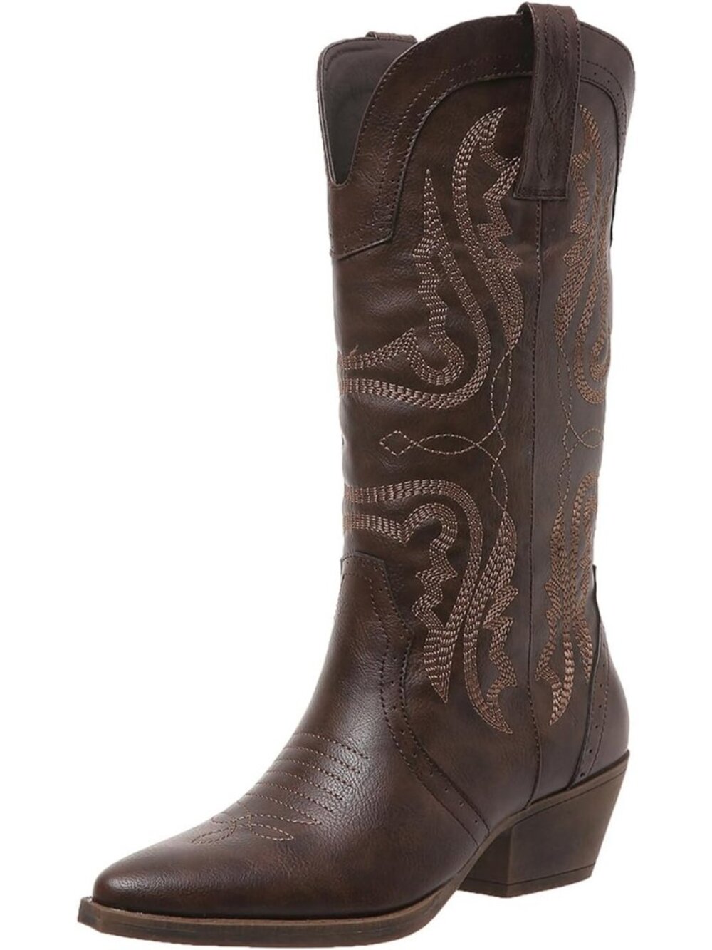 Women's Dark Brown Mid Calf Embroidered Western Snip Toe Chunky Heel Cowboy Boot